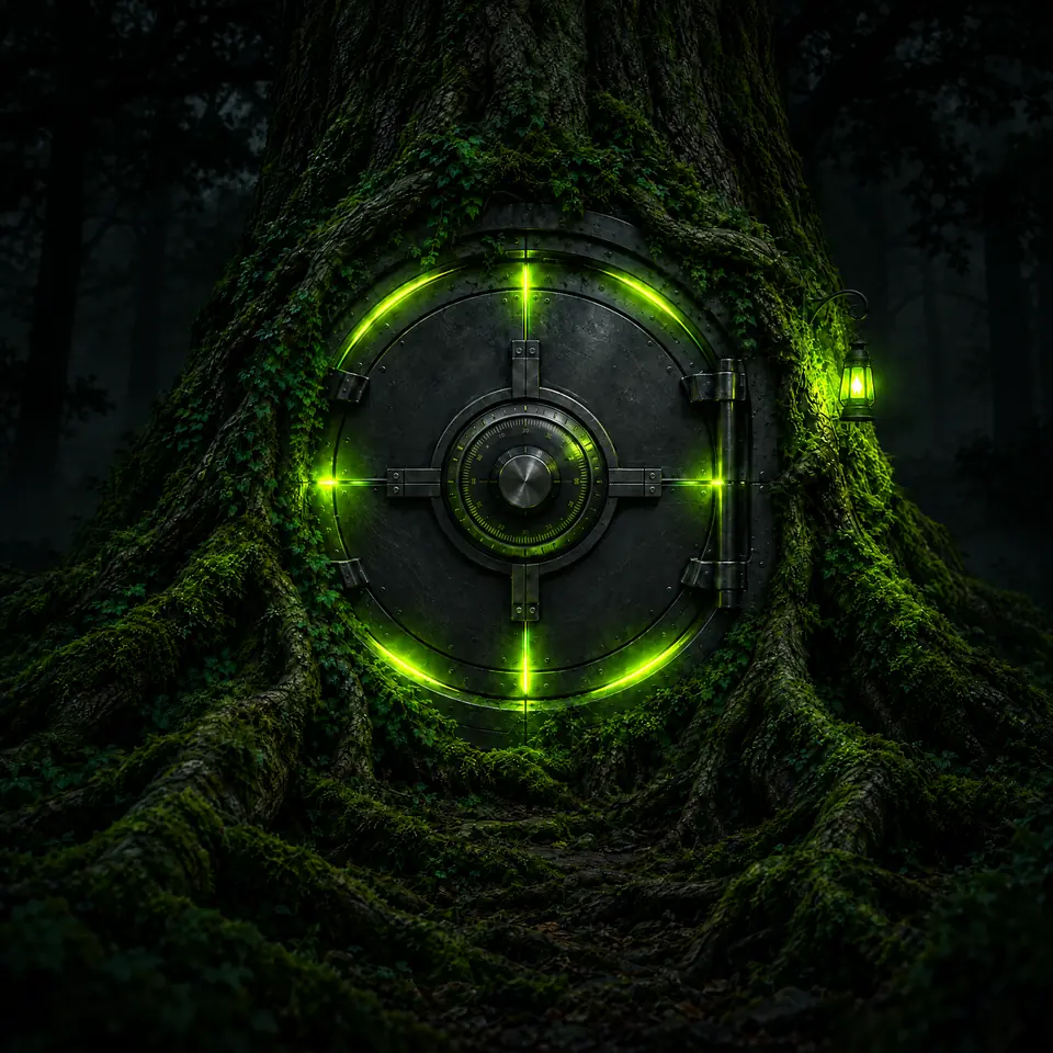A round steel vault door set into the trunk of an old tree at night, its seams glowing.